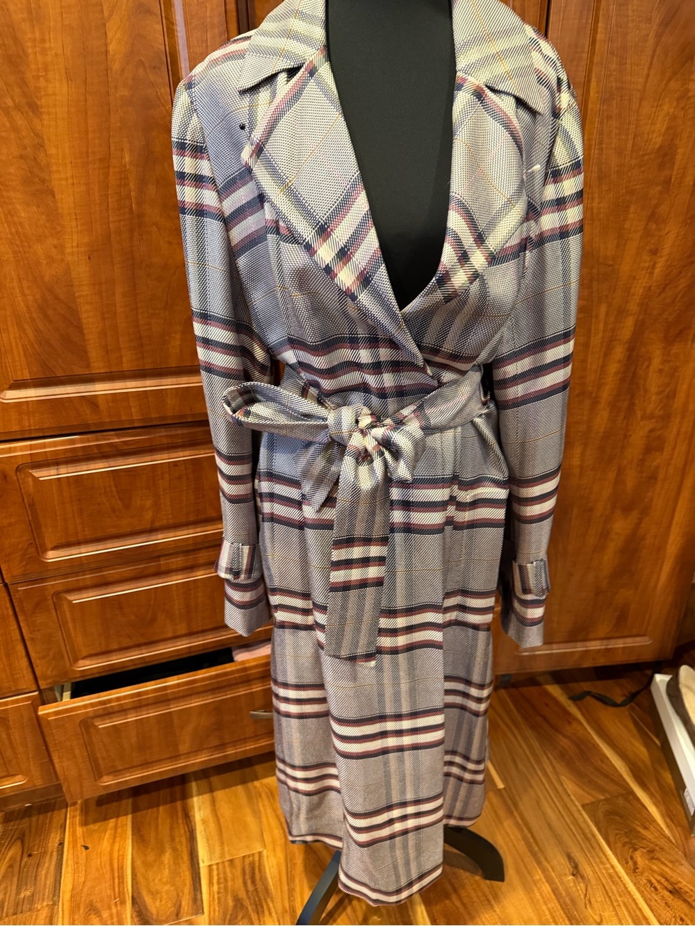 Plaid Long Belted Trench Coat  - Gray and Burgundy